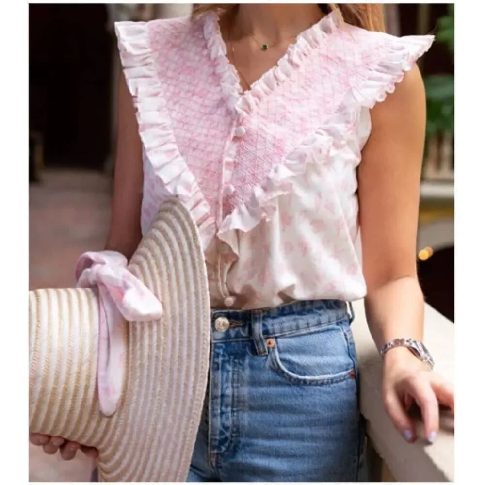 NWT Dondolo Sardinia Pink White Shell Linen Cotton Shirt Sz. S